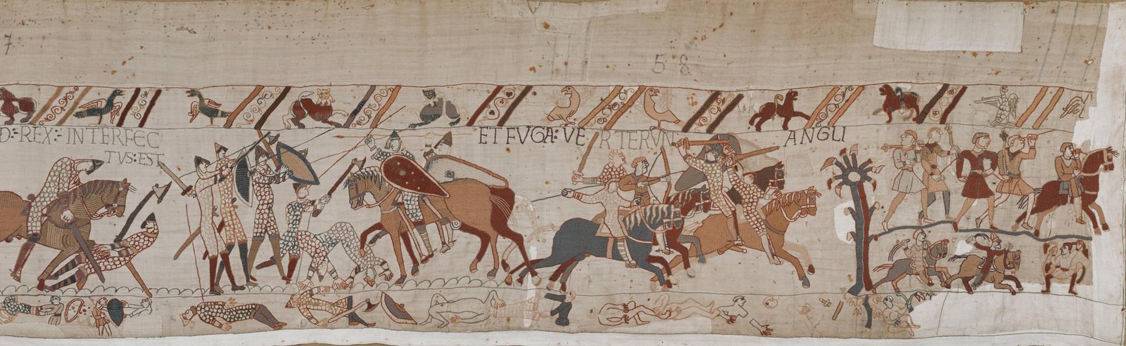 Scene 58 of the Bayeux Tapestry, the English fleeing the battlefield